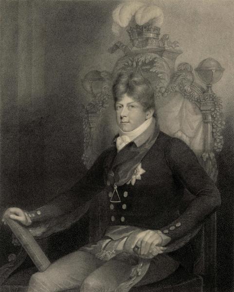 Engraving of George, Prince of Wales, sat on a throne and wearing a Grand Master's jewel on a ribbon