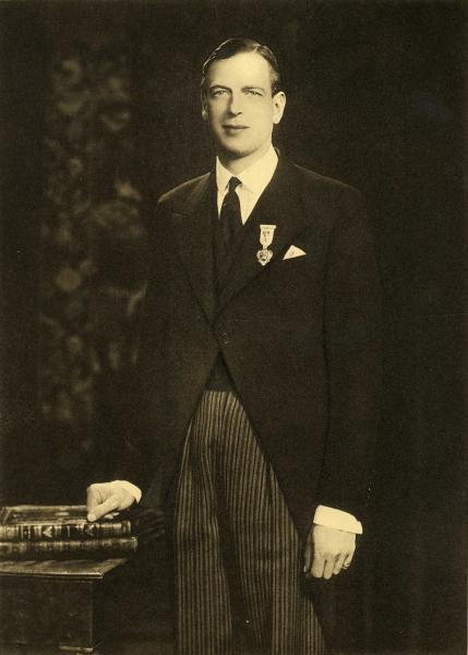 George, Duke of Kent, wearing a morning suit with a masonic jewel on the lapel