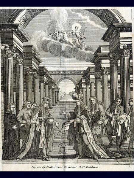 Engraving showing two figures passing a paper entitled 'Constitutions'